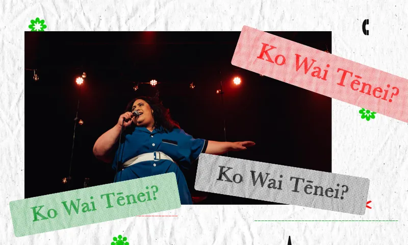 A person in a blue dress sings passionately on stage under red lights. Three text boxes around the image read "Ko Wai Tēnei?" in green, red, and gray, set against a textured, off-white background with small green designs.