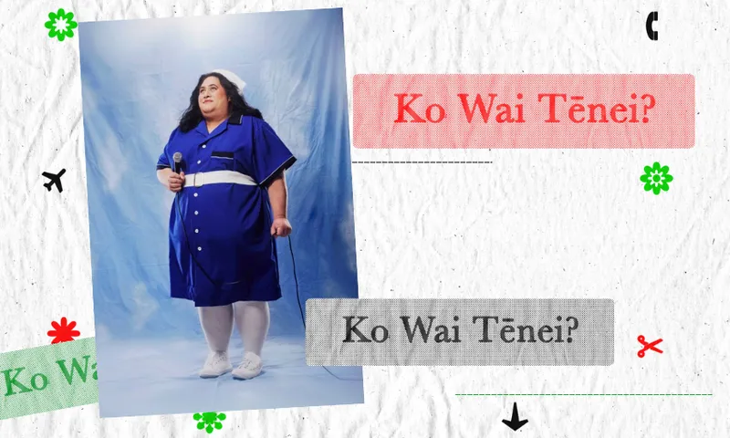 A person in a blue dress, white stockings, and a white hat stands holding a microphone against a blue backdrop. Overlaid text reads “Ko Wai Tēnei?” in both red and grey text boxes.