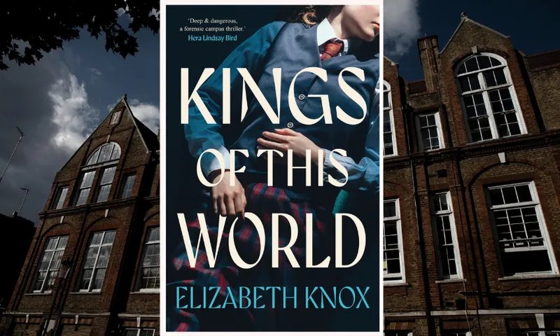 The cover of Elizabeth Knox's Kings of this World with a background of a gothic looking building and sky behind it.