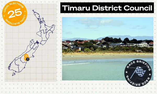 caroline bay on a sunny bay with a map of new zealand that has timaru highlighted