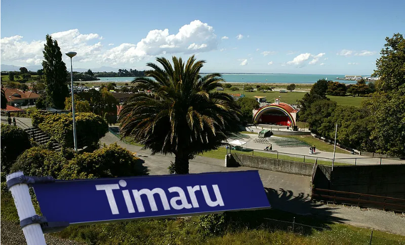 a sunny backgroun, a nikau and a sign saying 'timaru'