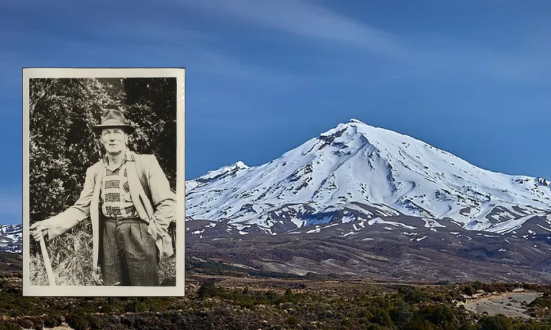 Mount Ruapehu in the distance with snow on its peak. inset an old portrait of a man wearing outdoors clothing and a floppy hat