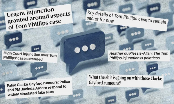 A blue chat bubble icon surrounded by newspaper clippings with headlines about legal injunctions and rumours involving Tom Phillips and Clarke Gayford, against a textured blue and white background.