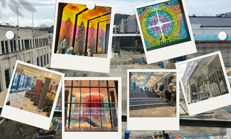 A construction site is overlaid with six polaroid-style photos, each showing vibrant murals and colorful indoor scenes featuring public art, modern architecture, and people observing or walking through the spaces.