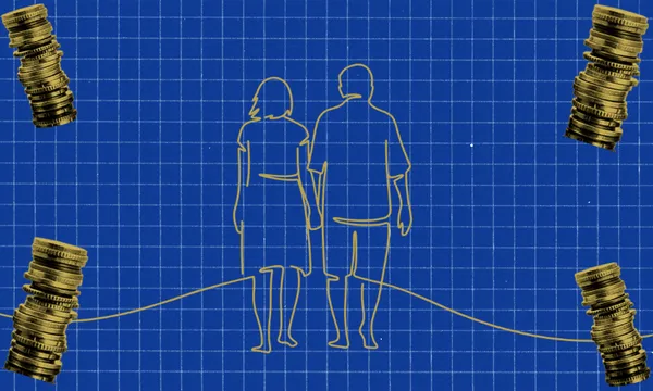 A line drawing of a couple holding hands, walking away on a blue grid background, with stacks of gold coins in each corner, connected by a yellow line.