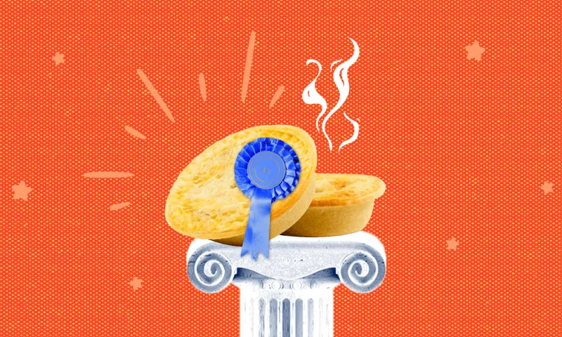 A steaming pie with a blue ribbon sits on top of a white column, set against an orange background with small stars and dotted pattern.