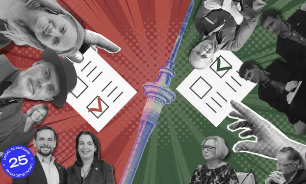 Black-and-white collage of people voting, with a ballot checked red on the left and green on the right, divided by a city tower. A blue "Local Elections 25" sticker appears in the lower left corner.