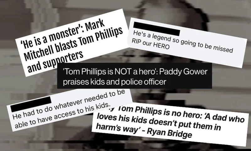 A black and white image of headlines from the media denouncing Tom Phillips, and social media comments supporting him