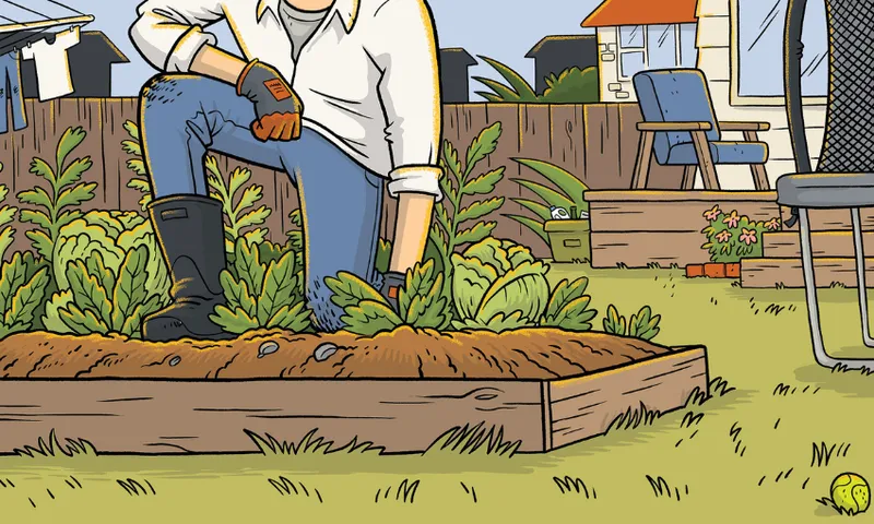 A person wearing gloves, boots, and jeans kneels while gardening in a backyard. Raised garden beds, green plants, outdoor chairs, a trampoline, and a house are visible in the background.
