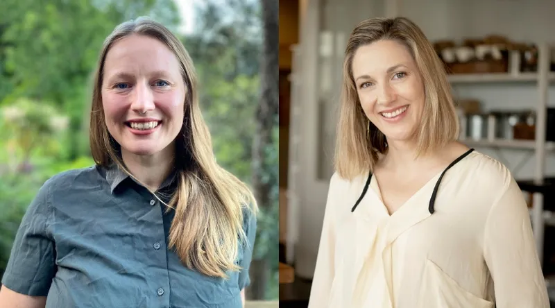 Two women smiling; the woman on the left has long straight hair, wears a gray shirt, and stands outdoors, while the woman on the right has shoulder-length hair, wears a cream blouse, and stands indoors in front of shelves.