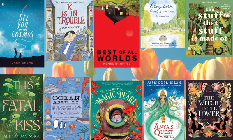 Ten children's book covers arranged in two rows with a photo of tulips behind them.