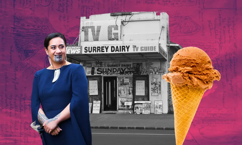 A woman with traditional Māori chin tattoo stands before a vintage shopfront labeled "Surrey Dairy TV Guide" on a pink background with handwritten notes, next to a large ice cream cone.