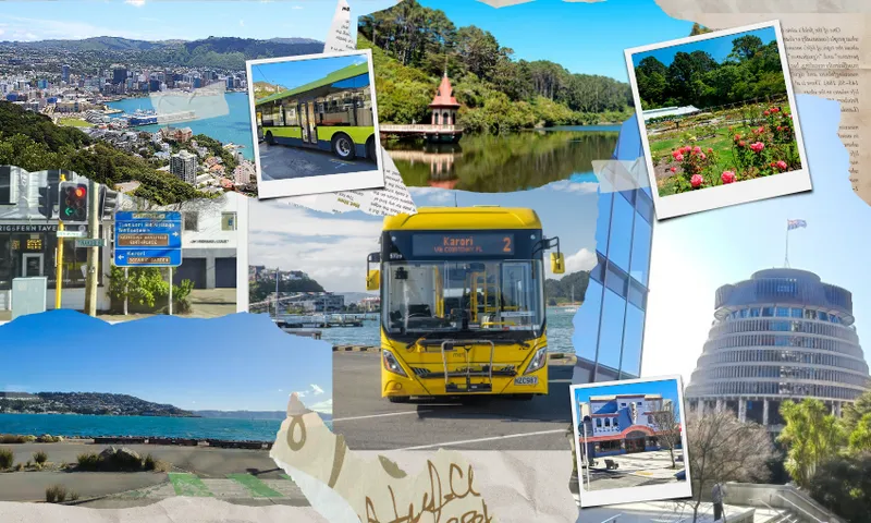 A collage of Wellington, New Zealand features buses, city landmarks, gardens, waterfront views, road signs, and famous buildings like the Beehive, with postcards and paper textures layered in the background.