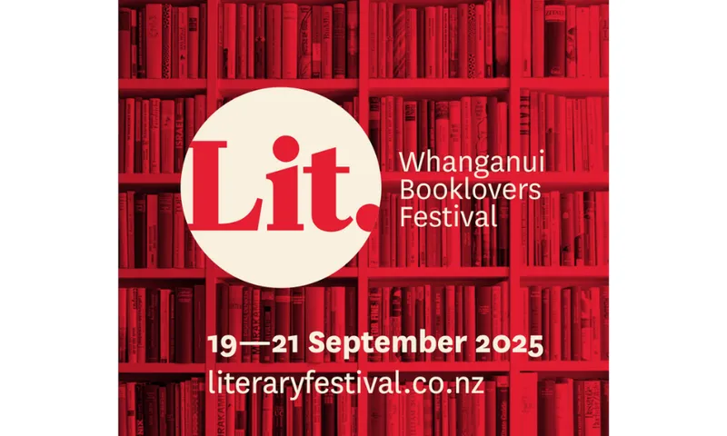 A promotional image for the Whanganui Booklovers Literary festival which is a text-based logo with bookshelves behind it and a red tint.