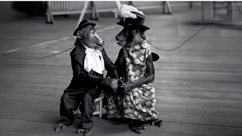 A black and white image of two monkeys wearing elaborate costumes, with some kind of wire attached to their necks and leading off shot, looking into each other's eyes and holding hands. They appear to be in an empty room or gym.