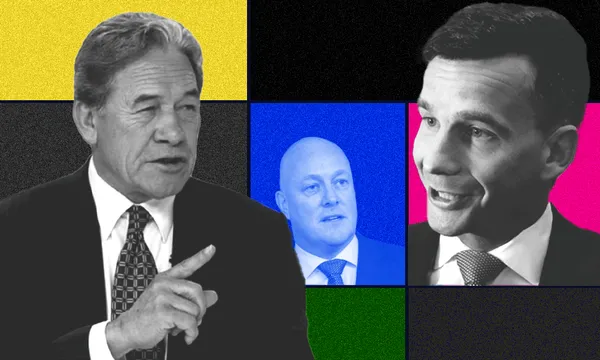A collage-style image shows three men in suits against colorful, segmented backgrounds: one man in the foreground gestures while talking, two others are in smaller colored boxes behind him, facing different directions.
