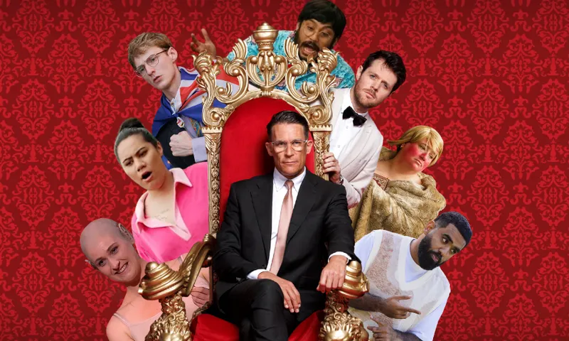 A composite image of various taskmaster contestants popping out from behind jeremys throne