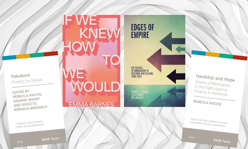 Four book titles in an arc with a textured background behind them.