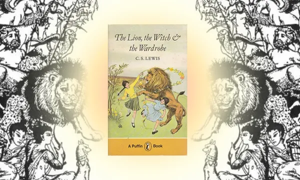 The cover image from a 1979 edition of The Lion, The Witch and The Wardrobe with illustrations of Aslan the lion surrounded by Narnian creatures on either side of it.