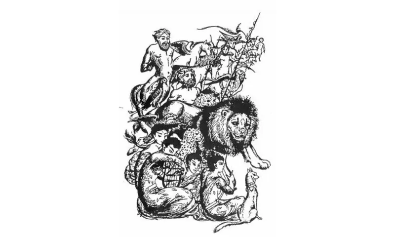 A black and white illustration by Pauline Baynes for CS Lewis' The Lion, the Witch and the Wardrobe. It shows Aslan, the lion, to the right of centre surrounded by creatures of folklore such as satyrs.
