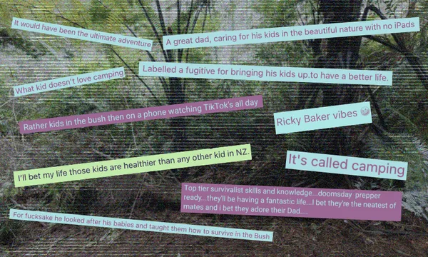 An outdoor scene with scattered, colorful text boxes containing various supportive comments about taking children camping and raising them in nature, referencing topics like survival skills, ditching screens, and parenting.