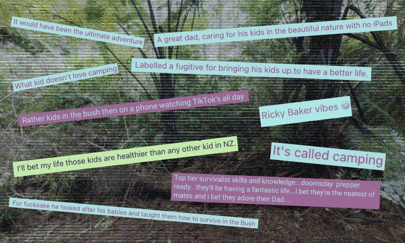 An outdoor scene with scattered, colorful text boxes containing various supportive comments about taking children camping and raising them in nature, referencing topics like survival skills, ditching screens, and parenting.