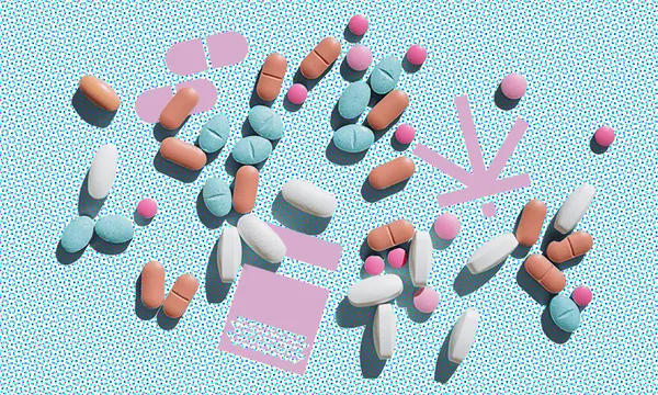 a stippled blue background with lots of little pills