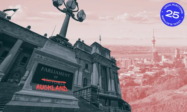A tilted image of a government building labeled "Parliament of Auckland" with Auckland’s skyline in the background and a "Local Elections 25" sticker in the corner. The original “Victoria” text is crossed out and replaced with “Auckland.”.