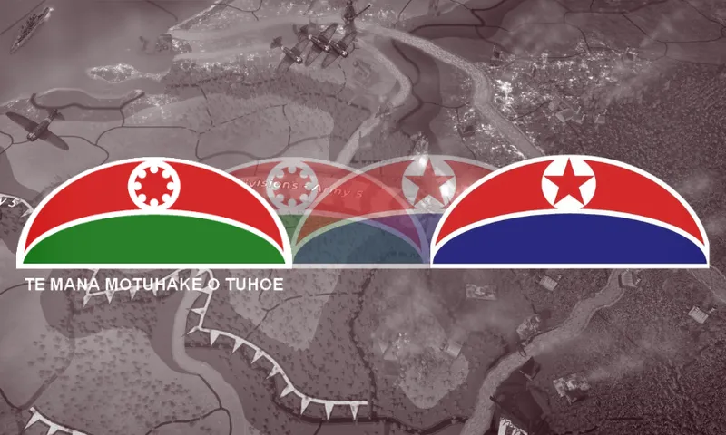 A collage featuring two flags – one with a red top and white and green lower half, and one with North Korea's emblem – over a grayscale map background with the text "TE MANA MOTUHAKE O TUHOE" below the flag on the left.