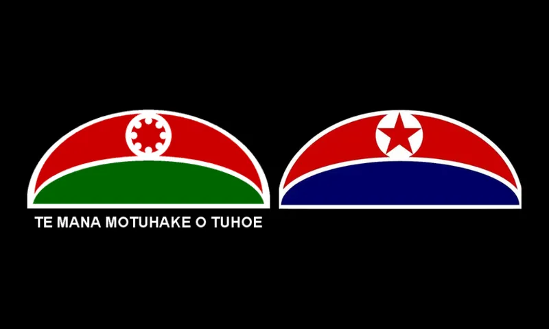 Two semi-circular emblems side by side on a black background: the left is red and green with a white circular pattern; the right is red, blue, and white with a red star. Text below reads "TE MANA MOTUHAKE O TUHOE".