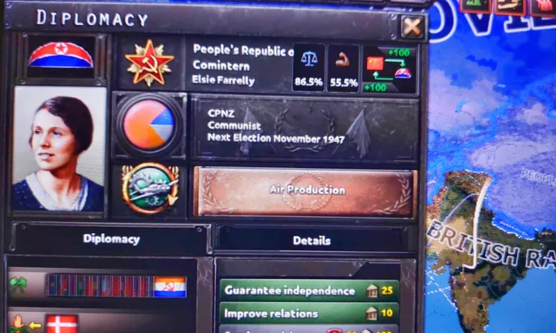 A screenshot from a strategy video game shows a diplomacy interface for the "People's Republic of New Zealand" led by Elsie Farrelly. Information includes political affiliation, election date, and diplomatic options. A map is visible on the right.