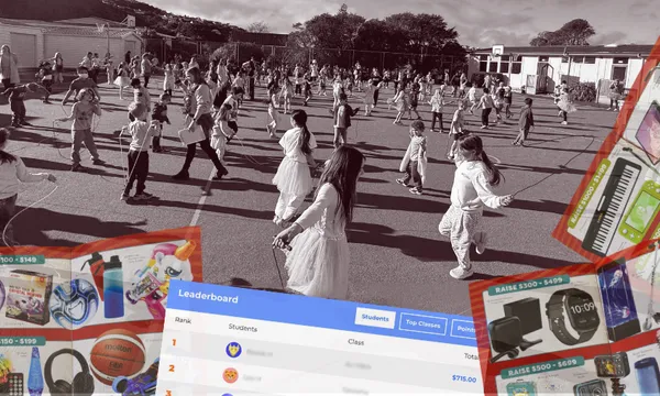 Children jump rope in a schoolyard while incentive prizes, including electronics and toys, and a fundraising leaderboard with student names and amounts raised are overlaid on the image.
