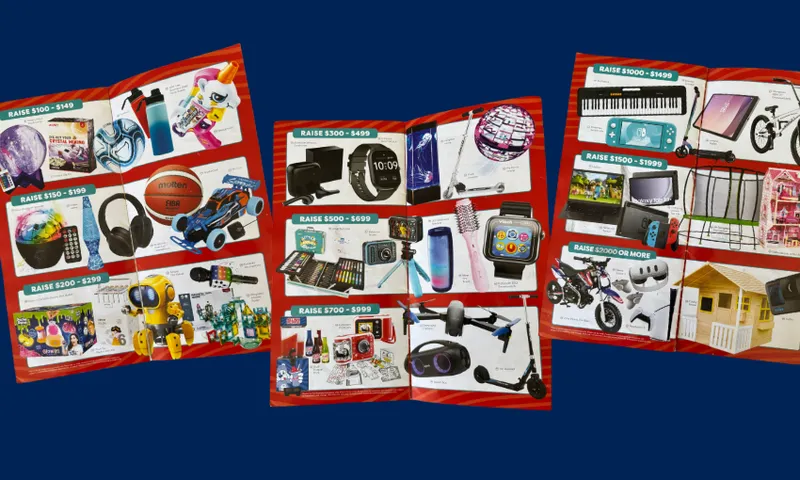 A colorful fundraising prize catalog shows various rewards like headphones, speakers, toys, electronics, a smartwatch, scooter, VR headset, bike, and a playhouse, organized by fundraising amounts from $100 to $2000 or more.