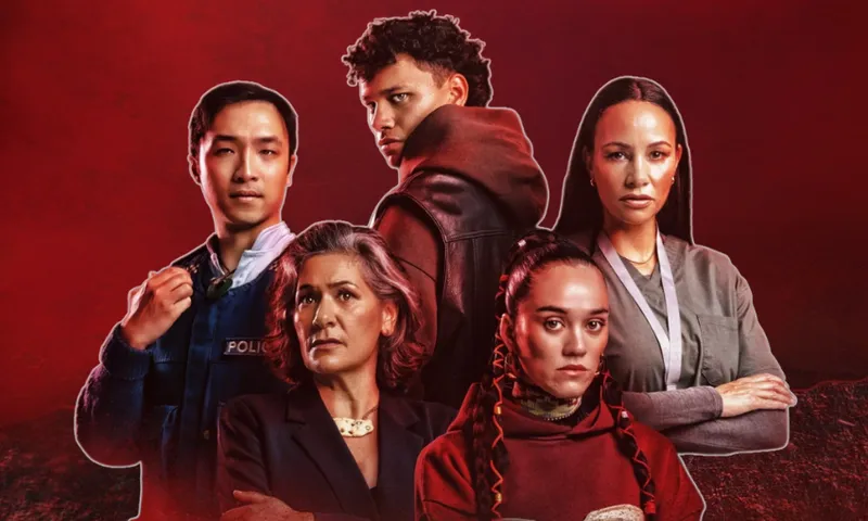 Five serious-looking people stand against a red background. One wears a police uniform, another a hoodie, and the others wear business or casual attire, suggesting a diverse group possibly involved in a drama or crime series.