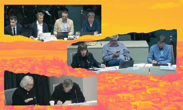Three panels show groups of people seated at tables in a meeting, using microphones, papers, and laptops, set against an orange-yellow gradient background resembling a cityscape.