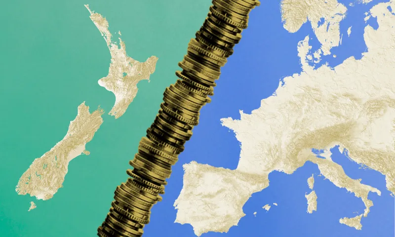 A tall stack of gold coins stands between illustrated maps of New Zealand and Europe, set on a blue and green background.