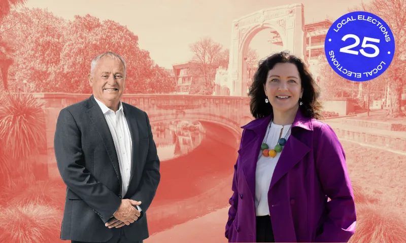 an orange toned background photo of the avon river and a bridge over it, then Phil Mauger wearing a suit and smiling and Sara Templeton wearing a blazer and also smiling