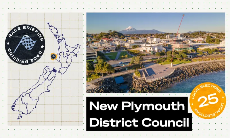 An illustrated map of New Zealand with New Plymouth marked, a "Race Briefing" emblem, a coastal cityscape photo, and text reading "New Plymouth District Council" and "Local Elections 25.