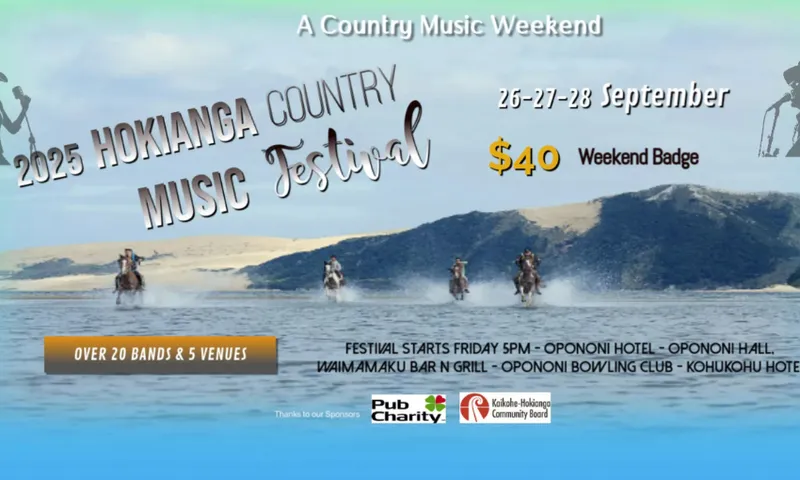 A promotional image for a country music festival in Hokianga featuring a photo of the sea; and lots of word art.
