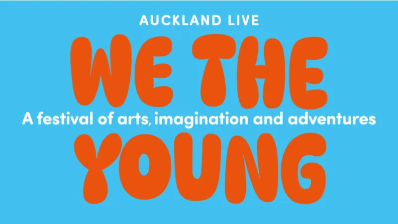 A promotional image for a youth arts festival called We the Young featuring large red letters and a blue background.