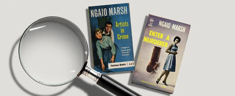 A photograph of a magnifying glass next to two novels by Ngaio Marsh.