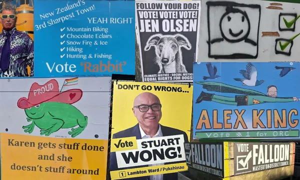 A collage of humorous New Zealand election signs, including ones promoting a rabbit, a goat, a frog, and candidates named Stuart Wong, Alex King, and Falloon, mixed with graffiti and playful slogans.