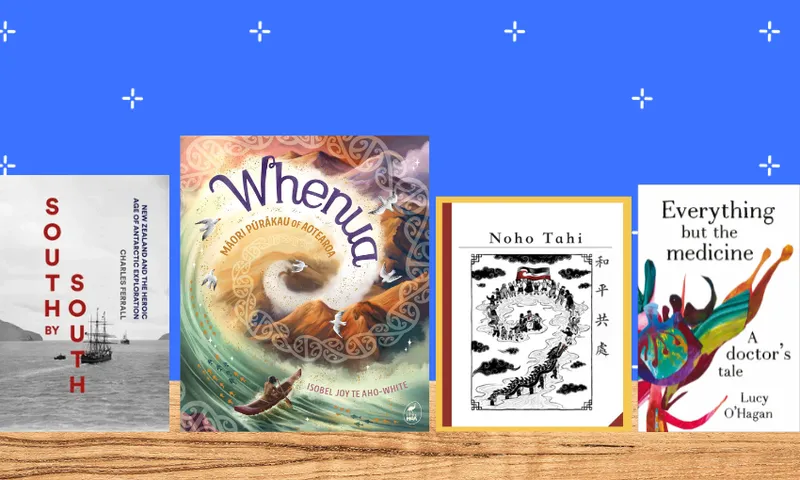 Four book covers resting on a wooden bench with a blue background behind them.