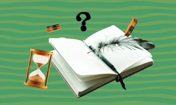 An open book with a pen and a quill is surrounded by an hour glass, coins and question marks.
