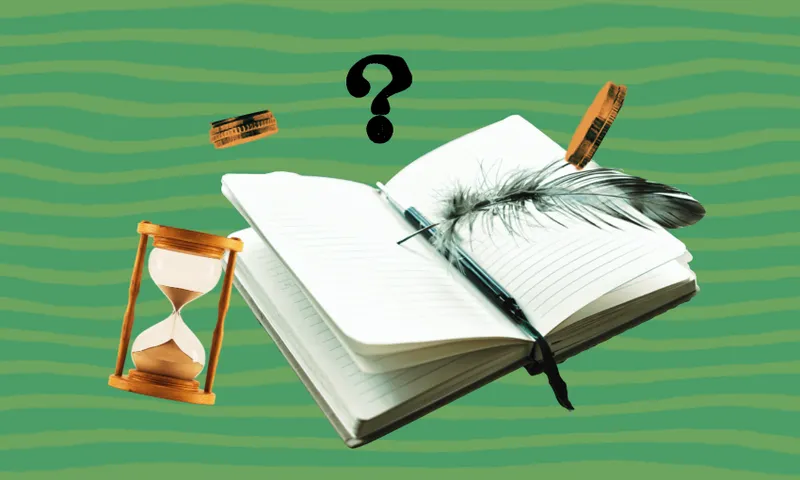 An open book with a pen and a quill is surrounded by an hour glass, coins and question marks.