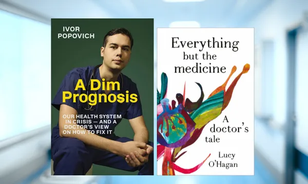 Two book covers - two medical memoirs - side by side with a fuzzy photo of a hospital ward behind them.