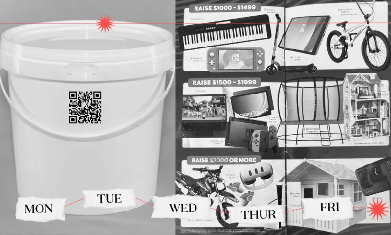 A charity collection bucket with a QR code on the left and a catalogue of prizes and prices on the right