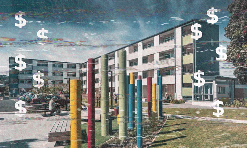 A modern school building with colorful poles in the foreground, benches, people sitting, and large white dollar signs overlaid on the image. The photo has a glitch effect and a partly cloudy sky.