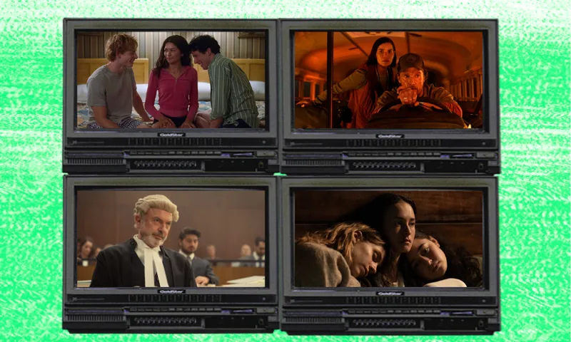 A green background with four TV screens including stills from Challengers, The Twelve and We Were Dangerous