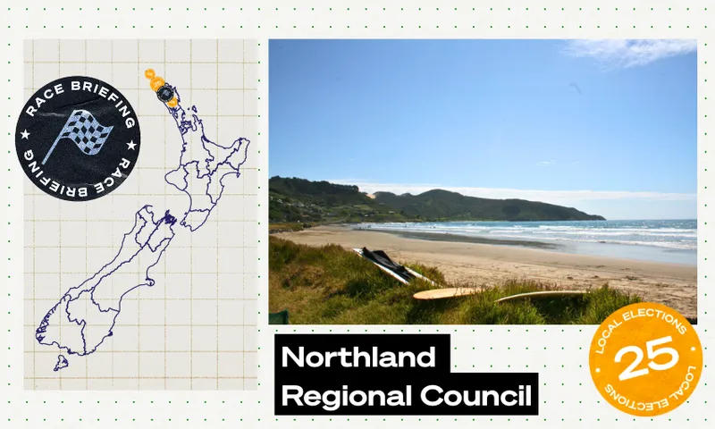 A map of New Zealand highlights the Northland region, alongside a sunny coastal scene with a beach and hills. Text reads "Northland Regional Council" and "Local Elections 25". A "Race Briefing" logo appears in the corner.